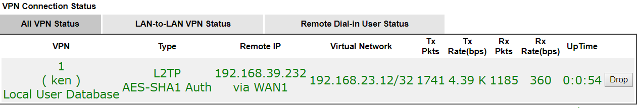 скриншот страницы статуса подключения DrayOS VPN